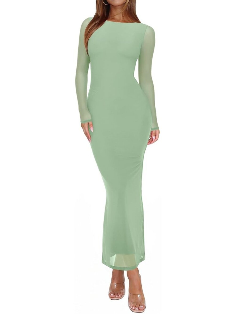 Women's Green Long Sleeve Sexy Floral Bodycon Wedding Guest Maxi Long Dresses